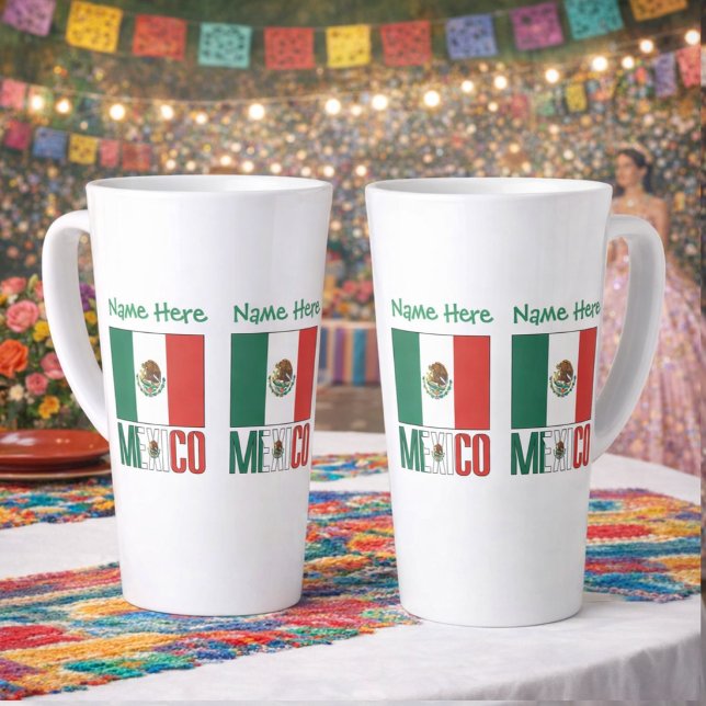 Tasse Latte Personalized Mexico Flag Name Design Large (Personalized large latte mug with Mexican Flag, MEXICO below in flag colors. Add name above in green)