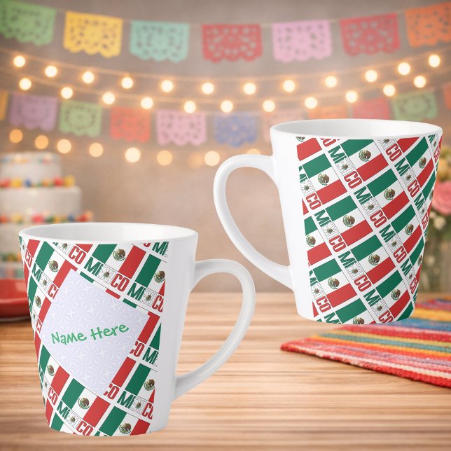 Tasse Latte Personalized Mexico Flag Tiled (Personalized latte mug, tiled Mexican Flag, MEXICO below in flag colors. White fractal holds name.)