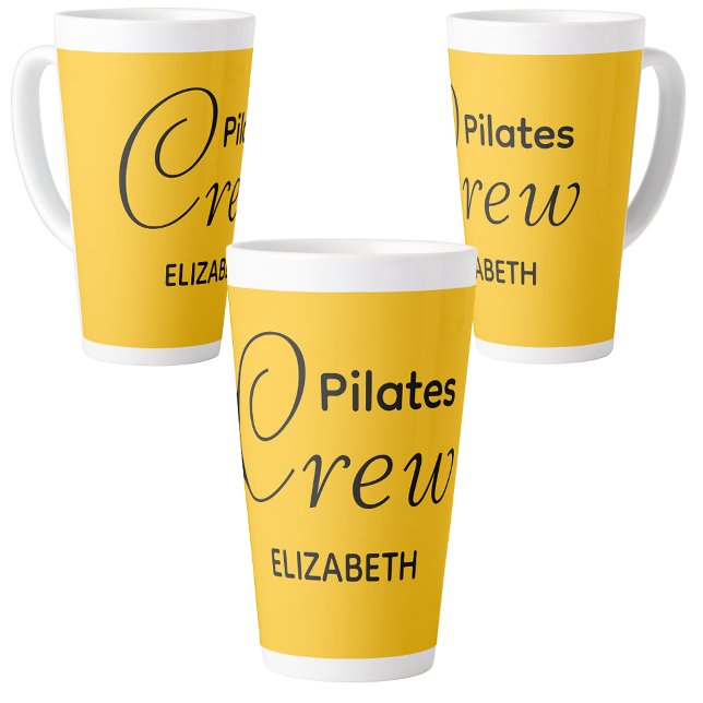 Tasse Latte Personalized Pilates Crew Reformer Or Mat Yellow (Yellow Pilates latte mugs on a white background.)
