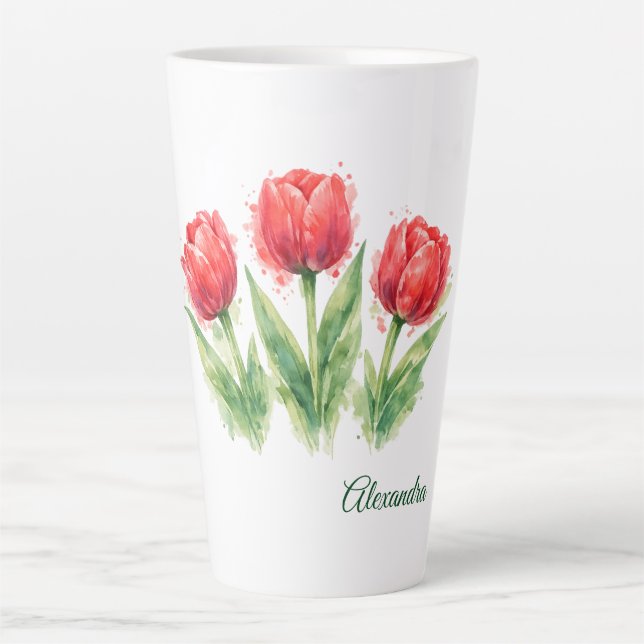 Tasse Latte Personalized Watercolor Red Tulips  (Devant)