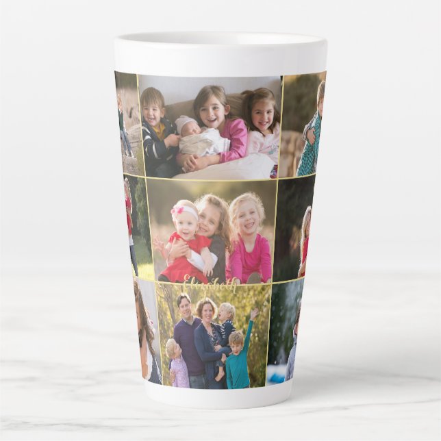 Tasse Latte Personnalisé 9 Photo Collage Gold Monogramme (Devant)