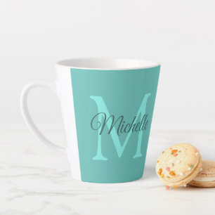Tasse Latte Personnaliser Lumière Monogramme Turquoise Nom ini