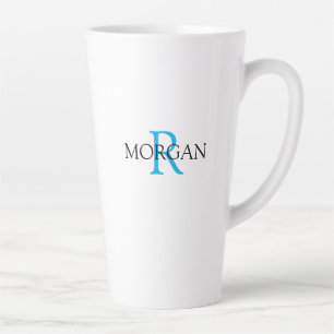 Tasse Latte Personnalisez le monogramme et le nom, le bleu cie