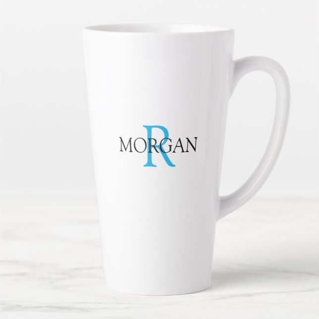 Tasse Latte Personnalisez le monogramme et le nom, le bleu cie (Droite)