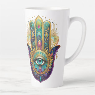 Tasse Latte Pétales violettes vert or Hamsa Oeil turquoise tro