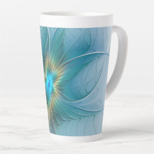 Tasse Latte Petite Beauté Moderne Fleur d'Art Fractal Bleu Or