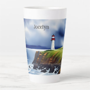 Tasse Latte Phare sur les falaises Aquarelle Personnalisée