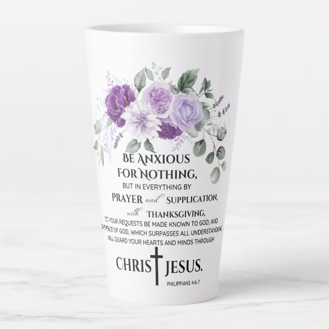 Tasse Latte Philippiens 4:6-7 Écriture Fleur pourpre (Devant)