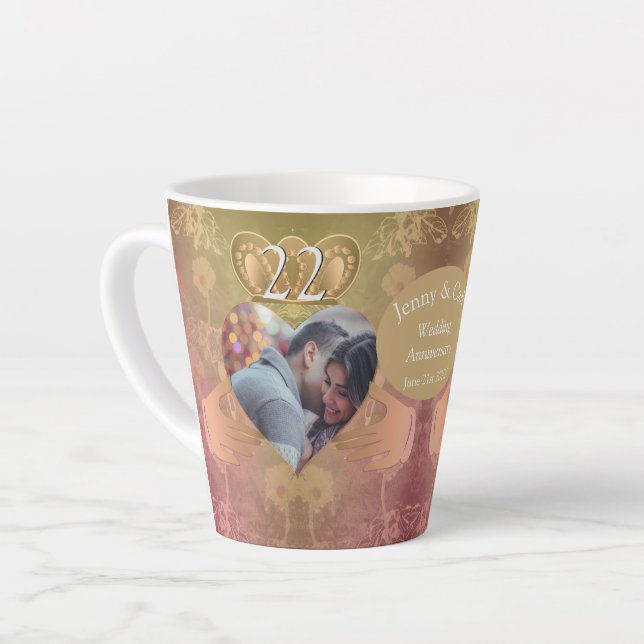 Tasse Latte Photo 22e anniversaire du Mariage Coppery Claddagh (Angle gauche)