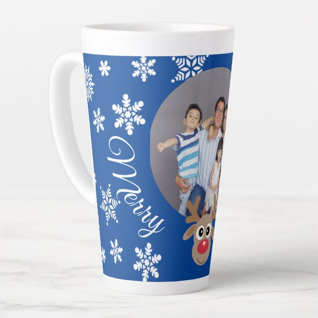 Tasse Latte Photo Christmas Blue Cute Reinder White Script (Angle gauche)