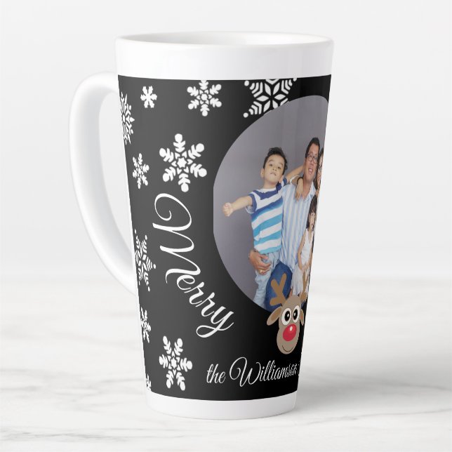 Tasse Latte Photo Noël Noir Cute Reinder Blanc Script (Angle gauche)