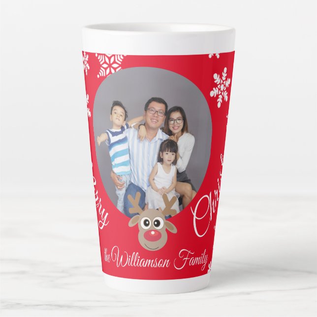 Tasse Latte Photo Noël Rouge Cute Reindeer Blanc Script (Devant)