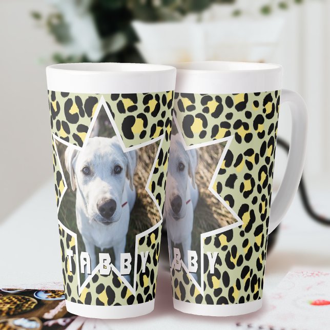 Tasse Latte Photo personnalisée Leopard Yellow Black (Leopard Pattern Pet Photo Personalized Latte Mug.)
