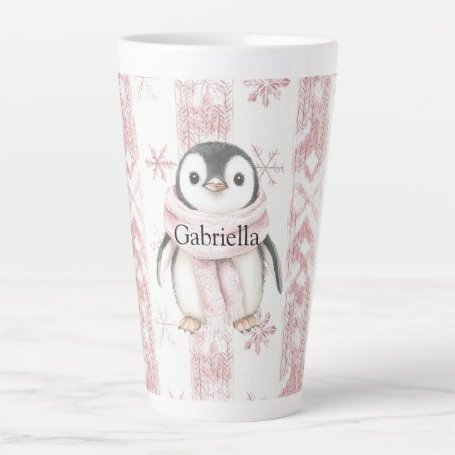 Tasse Latte Pingouin rose Snowflakes Noël (Devant)