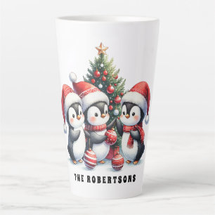 Tasse Latte Pingouins de Noël festifs Monogrammes