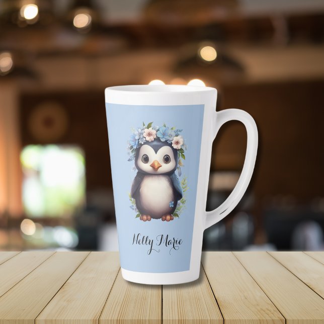 Tasse Latte Pingouins mignons Bleu Nom et initiales personnali (Penguins latte mug, custom monogram initials or name bilingual text, Multilingual project)