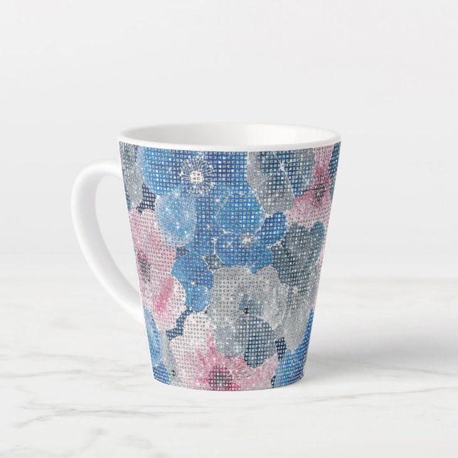 Tasse Latte Pink Blue Flowers Sparkle (Angle gauche)