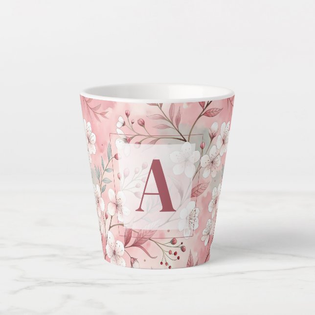 Tasse Latte Pink cherry blossom monogram (Devant)