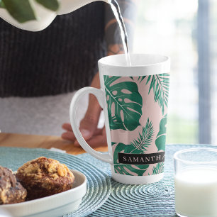 Tasse Latte Pink & Green Palm Feuille Motif & nom