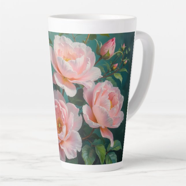 Tasse Latte Pink Peonies Artwork on Emerald Green (Angle droit)