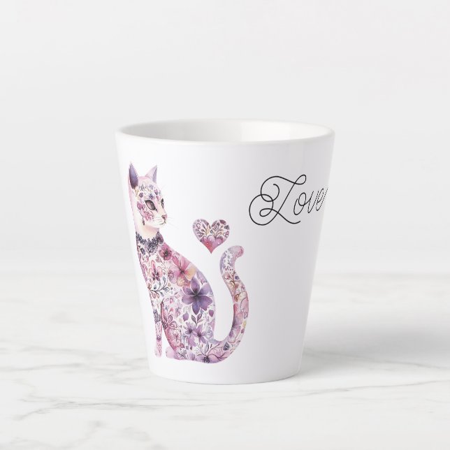 Tasse Latte Pink Purple Blush Flowers Heart Love Cat (Devant)