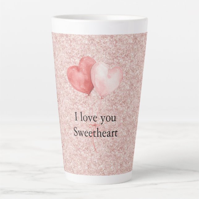 Tasse Latte Pink Red Heart Balloons Glitter Sweetheart (Devant)