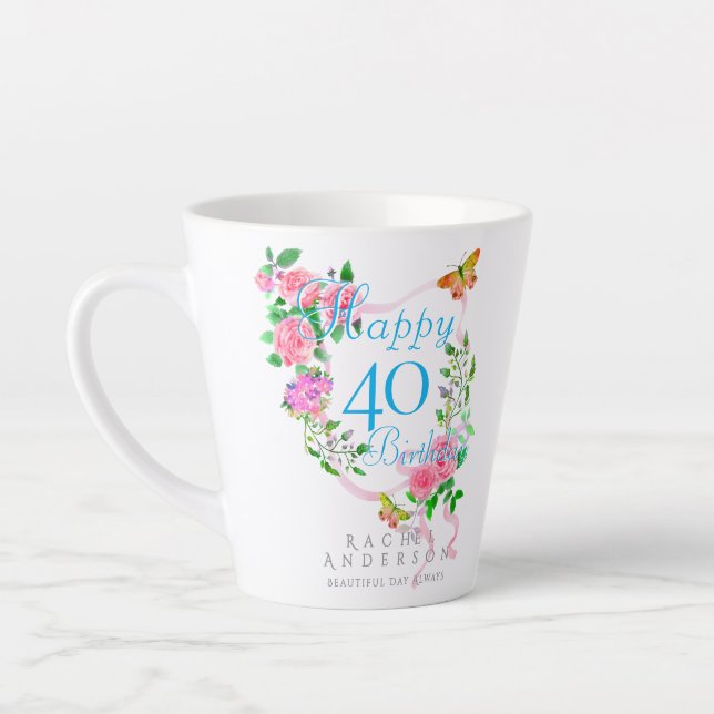 Tasse Latte Pink Rose Ribbon 40th  Birthday (Gauche)
