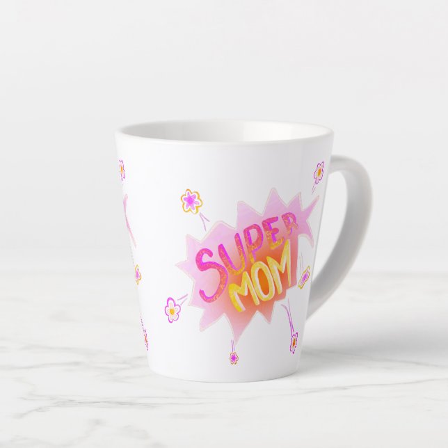 Tasse Latte Pink Super Mom Flower Comic Bubble Mother`Jour (Angle droit)