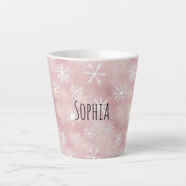 Tasse Latte Pink White Snowflakes Christmas (Devant)