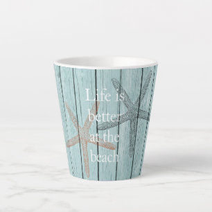 Tasse Latte Plage Blue Faux Wood Starfish