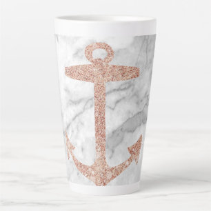 Tasse Latte plage chic ceinturé rose or ancre marbre blanc