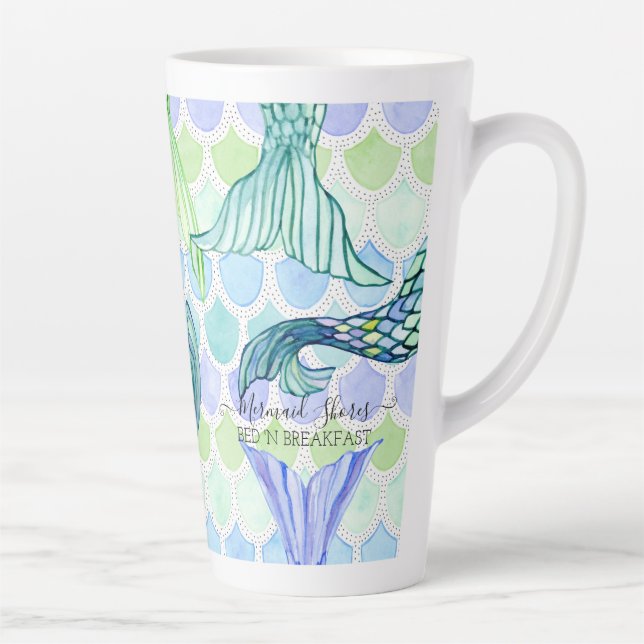 Tasse Latte Plage Cute Mermaid Tail Blue Scales Personnalisée (Droite)