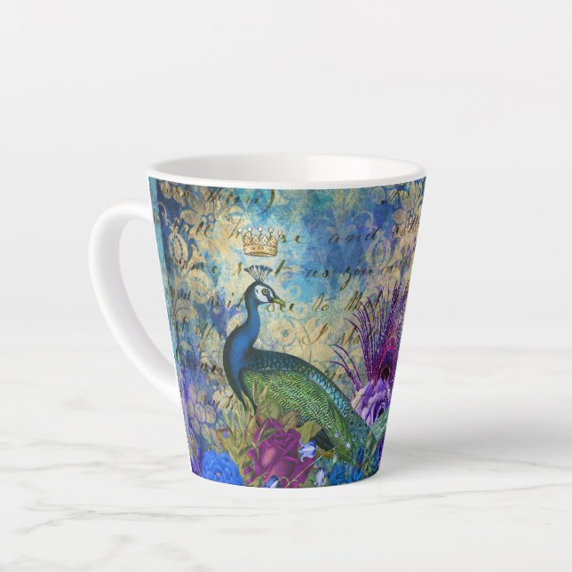Tasse Latte Plumes de oiseau bleu tendance Paon Fleurs (Angle gauche)