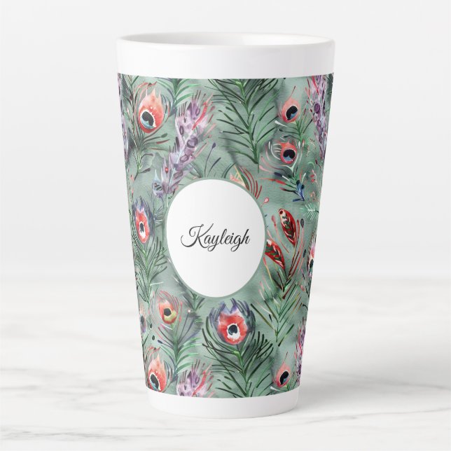 Tasse Latte Plumes de paon vert rouge   (Devant)