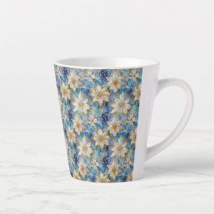 Tasse Latte Poinsettias de Noël Blanc Bleu