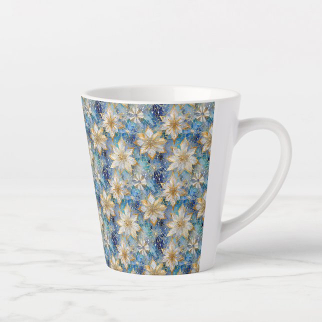Tasse Latte Poinsettias de Noël Blanc Bleu (Droite)