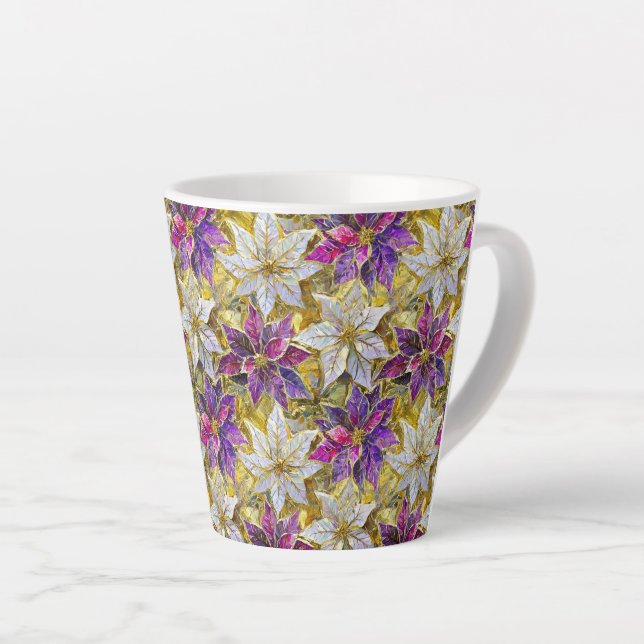 Tasse Latte Poinsettias de Noël blanc or violet rose (Angle droit)