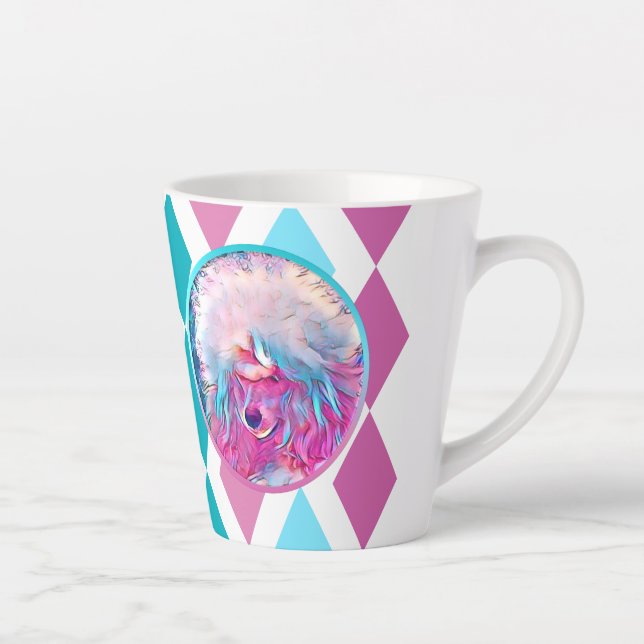 Tasse Latte Poodle peint en Aqua rose et Turquoise (Droite)