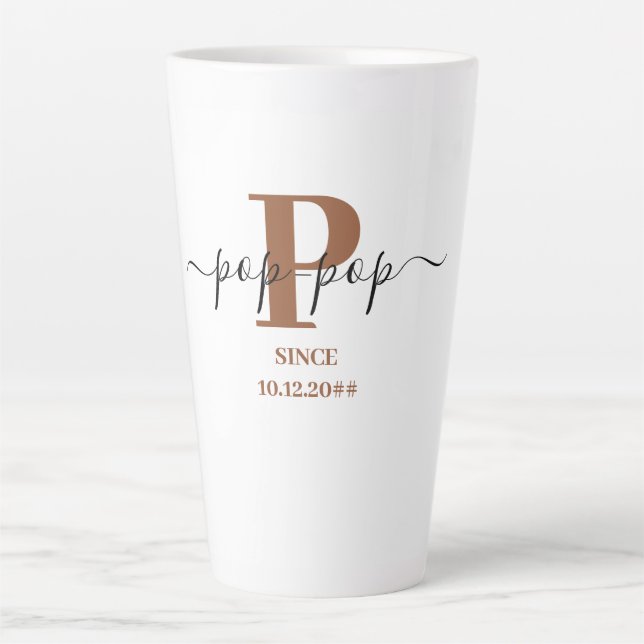 Tasse Latte Pop Pop Élégant Script Monogramme Blanc Brown (Devant)