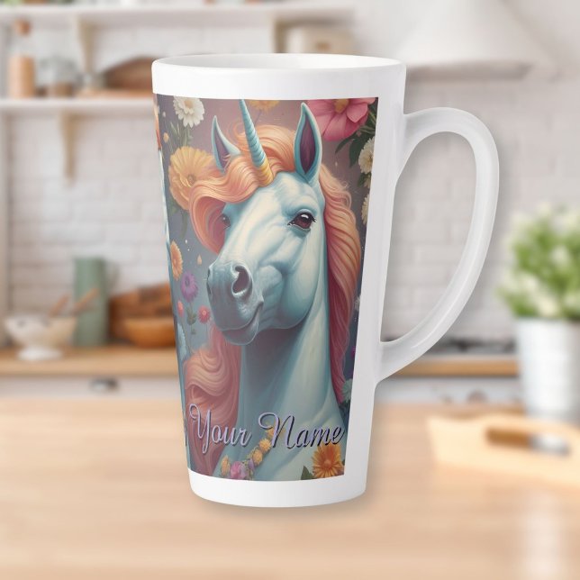 Tasse Latte Portrait personnalisé de la licorne blanche (Personalized White Unicorn Flower Portrait Latte Mug)