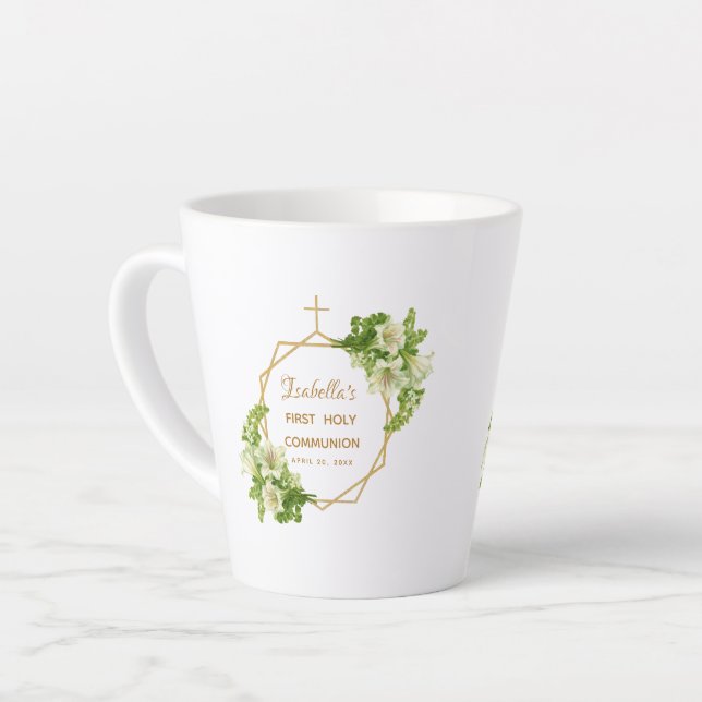 Tasse Latte Première Communion Fleurs Lys Croix Dorée Géométri (Angle gauche)