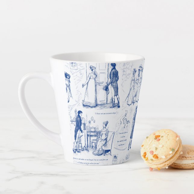 Tasse Latte Pride and Prejudice Blue Toile Quotes (En situation)