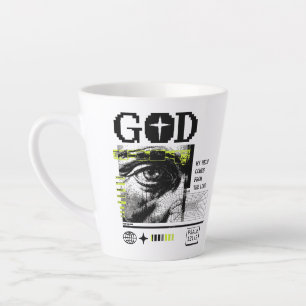 Tasse Latte Psaume 121:2 Neon Lime Œil de Dieu CRT Glitch Art