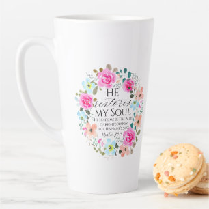 Tasse Latte Psaume 23:3 - Il restaure mon âme Pink Floral Bibl