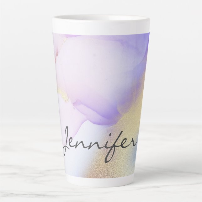 Tasse Latte Purple Aquarelle Or Luxe Nom personnalisé (Devant)