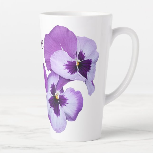 Tasse Latte Purple pansé floral Katie nom personnalisable boho (Droite)