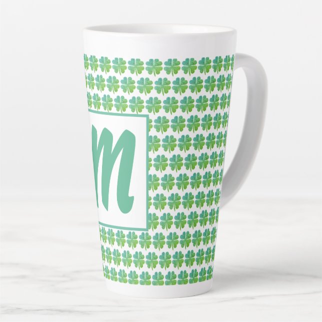 Tasse Latte Quatre Clovers de feuilles Motif Vert bleu Monogra (Angle droit)