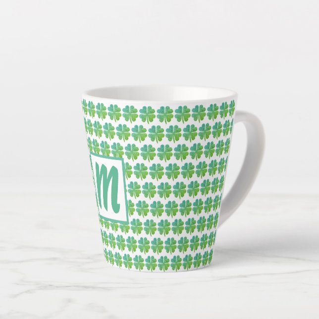 Tasse Latte Quatre Clovers de feuilles Motif Vert bleu Monogra (Angle droit)