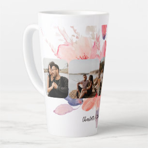 Tasse Latte Quatre photos personnalisées et une fleur de texte