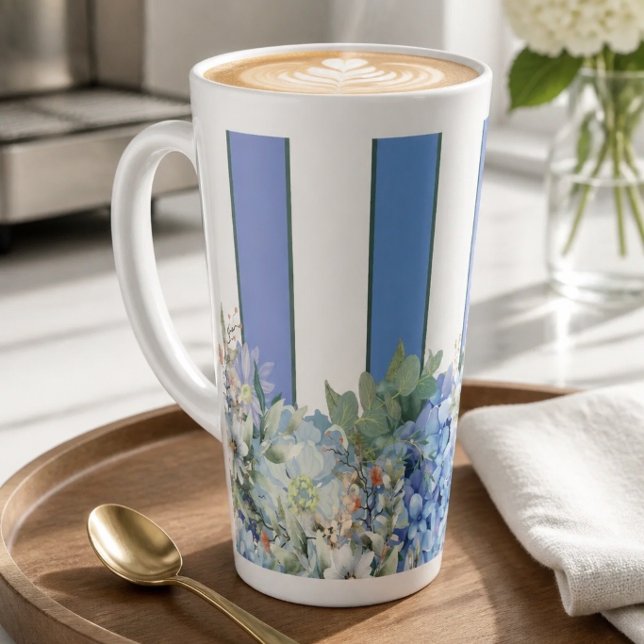 Tasse Latte rayée florale et Hortensia Bleu (Créateur téléchargé)